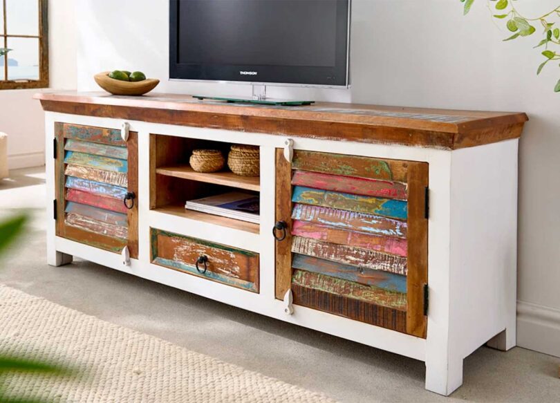 meuble tv 150 cm en bois recycle colore