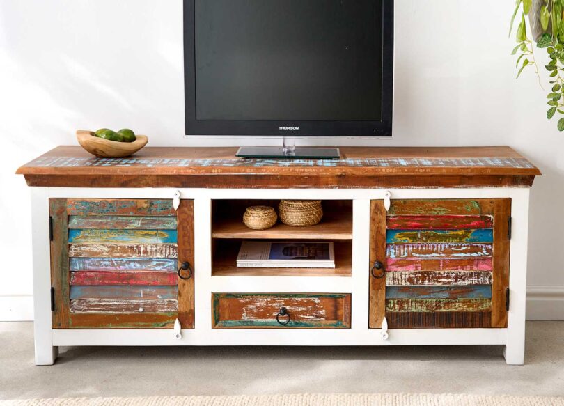 meuble tele originale en bois massif et bois recycle colore 150 cm