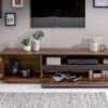 meuble tele 170 cm avec espace de rangement et detail en fer