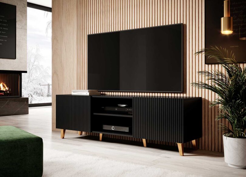 banc tv pas cher noir avec 2 portes et 2 niches ouvertes
