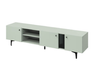 grand meuble tv moderne pas cher vert sauge avec 3 portes et 2 niches ouvertes