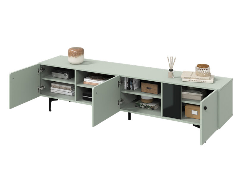 banc tv 200 cm pas cher vert sauge et pieds et poignees en metal noir