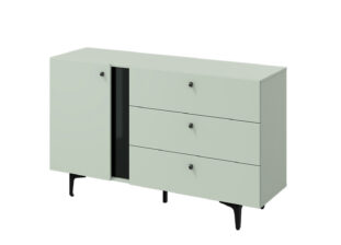 meuble commode contemporain vert sauge et metal noir 1 porte et 3 tiroirs