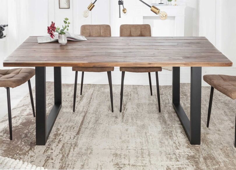 table de repas en bois massif plateau effet latte et pieds en metal