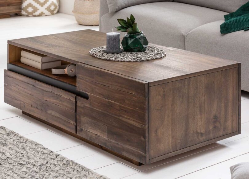 table basse 115 cm en bois massif et placage de bois fonce