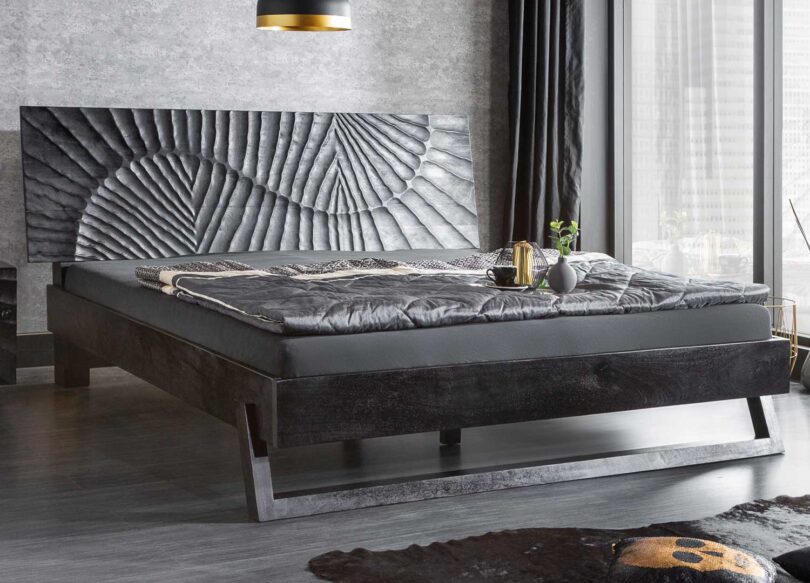 Lit double pour adulte en bois de manguier foncé