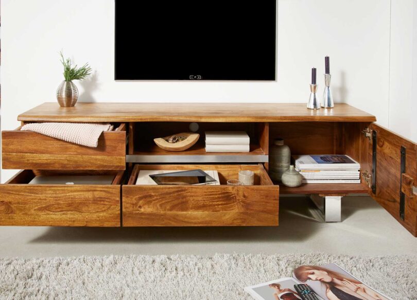 Meuble TV ouvert en bois d'acacia miel