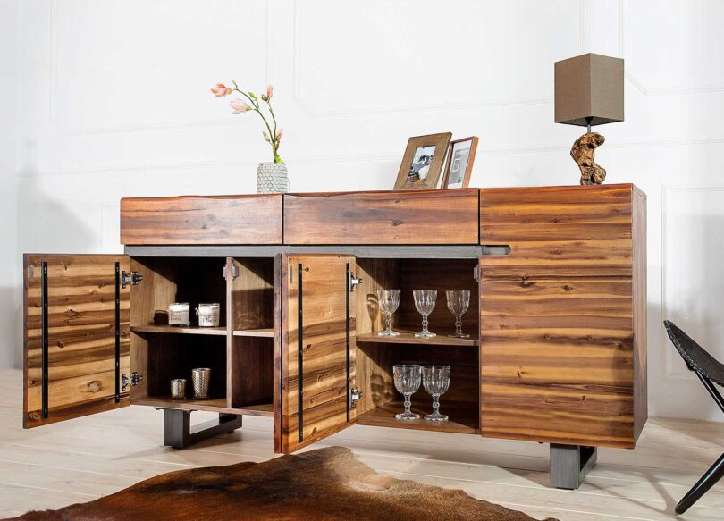 Meuble buffet ouvert en bois d'acacia massif