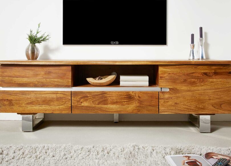 Meuble TV bois d'acacia massif couleur miel