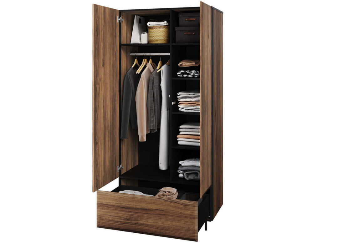 armoire d entree 2 portes avec penderie etagere et 1 tiroir aspect bois fonce et noir