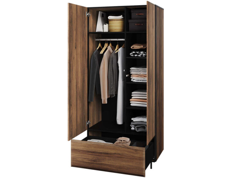 armoire penderie 2 portes 1 tiroirs 90 cm aspect bois fonce