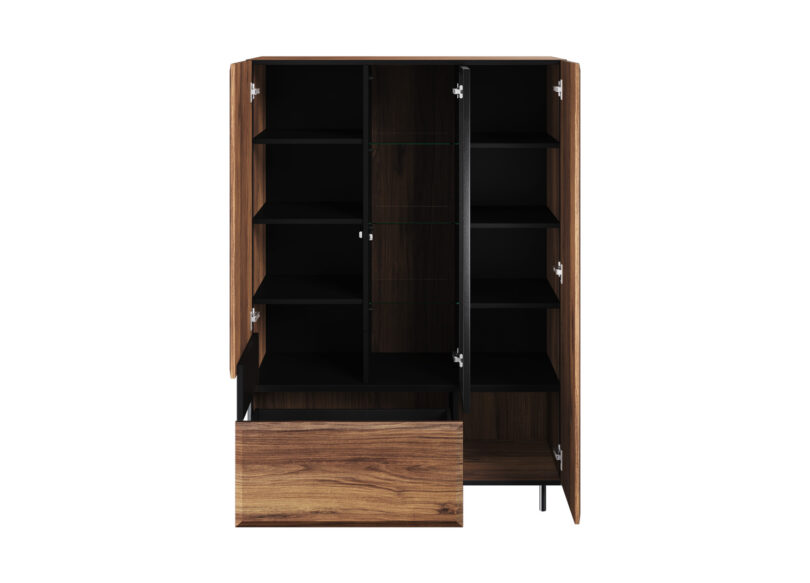 meuble vitrine moderne pas cher avec etageres en verre et structure imitation bois fonce