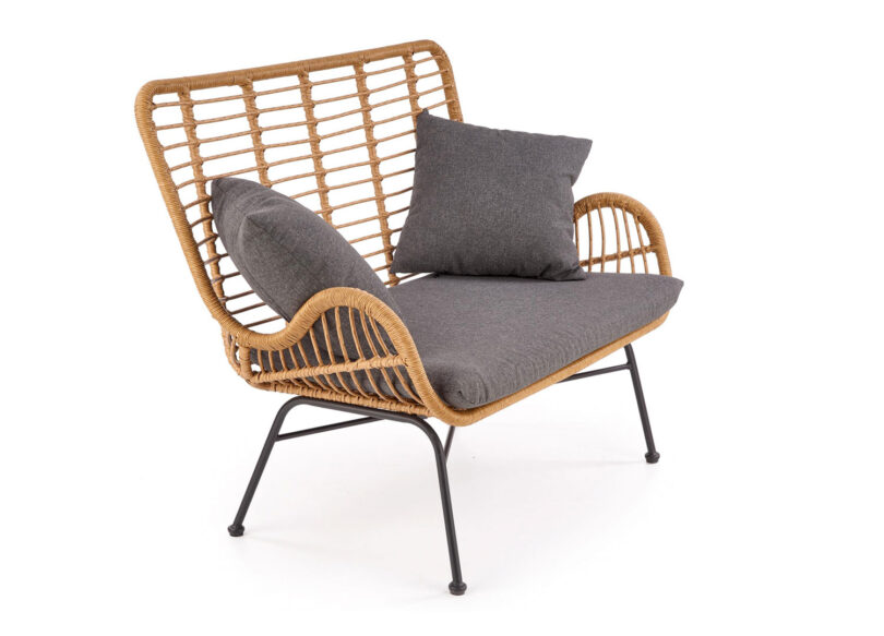 banquette rotin synthetique retro avec coussins gris