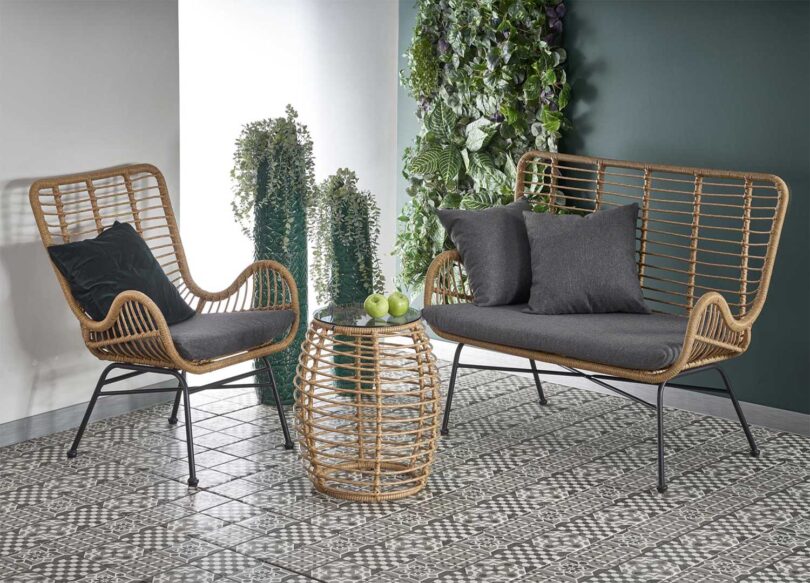 ensemble meuble de jardin ou interieur en rotin synthetique et metal noir
