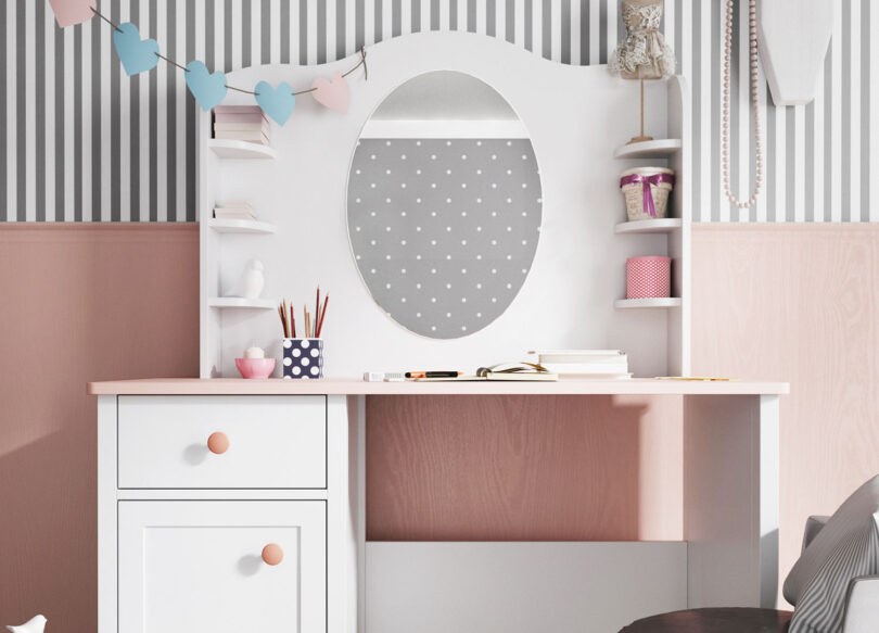 meuble coiffeuse pour enfant ou ado rose et blanc