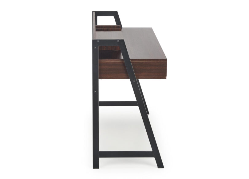 bureau design avec pieds en metal noir et plateau imitation noyer