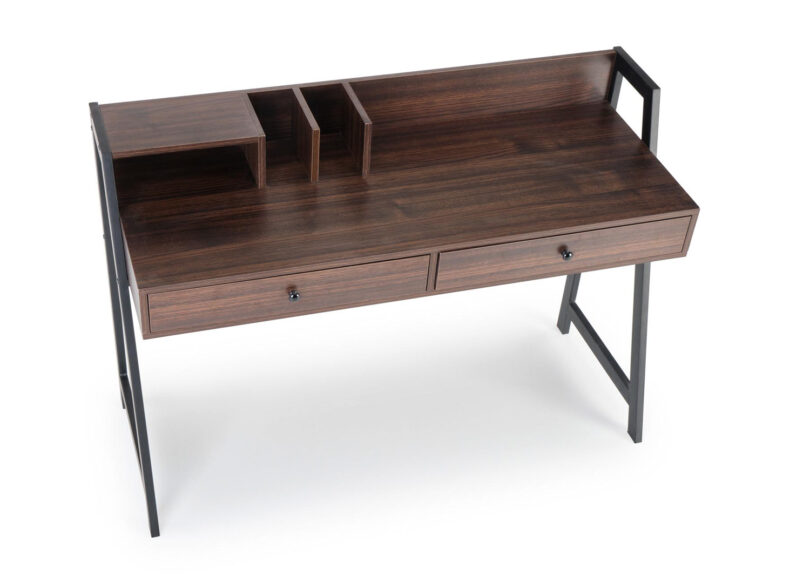 bureau secretaire bois fonce et metal noir avec rangement