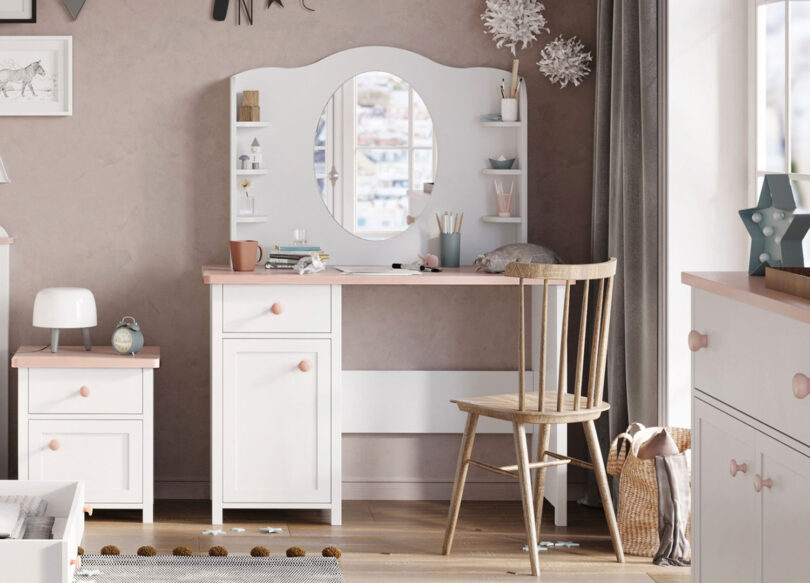 bureau chambre enfant rose pale et blanc 110 cm avec miroir