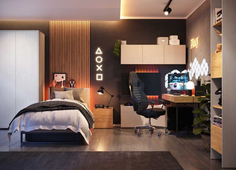 chambre pour ado industriel avec mobilier gris et chene avec eclairage