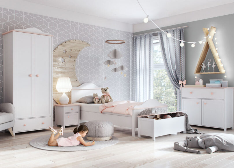 mobilier chambre boheme pour enfant rose et blanc