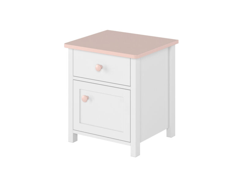petit chevet chambre enfant avec 1 tiroir et 1 porte rose pale et blanc