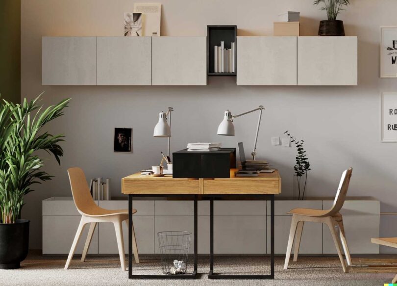 ensemble meuble chambre ado jumeaux avec 2 bureaux et meubles de rangement bas et muraux