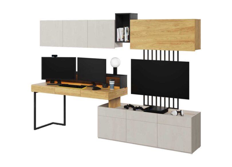 ensemble meuble de bureau industriel aspect chene gris et acier