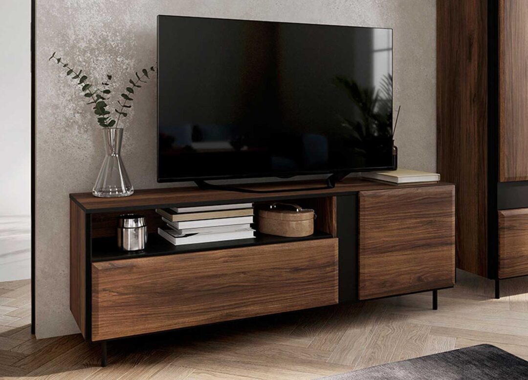 meuble tv moderne 2 portes et 1 niche aspect bois fonce et pieds en metal noir