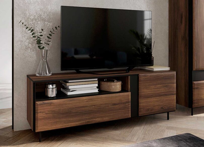 meuble tv moderne 155 cm aspect bois fonce et noir