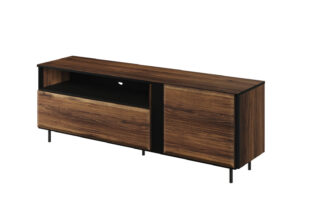 meuble tv moderne 2 portes et 1 niche aspect bois fonce et pieds en metal noir