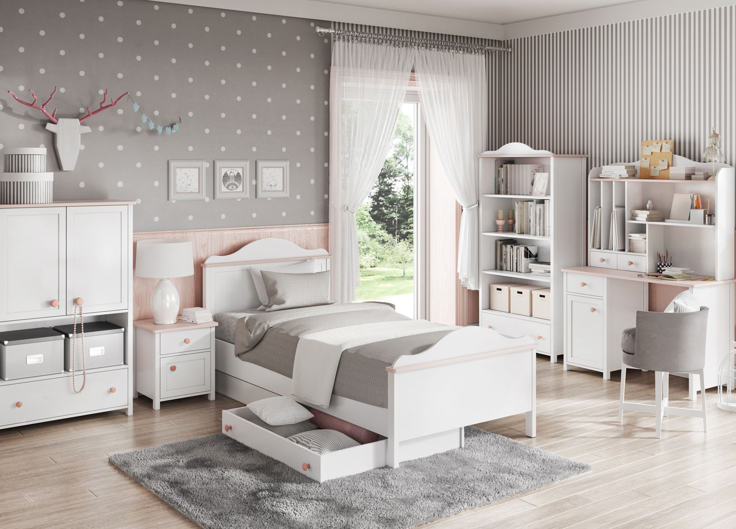meuble chambre enfant boheme rose pale et blanc