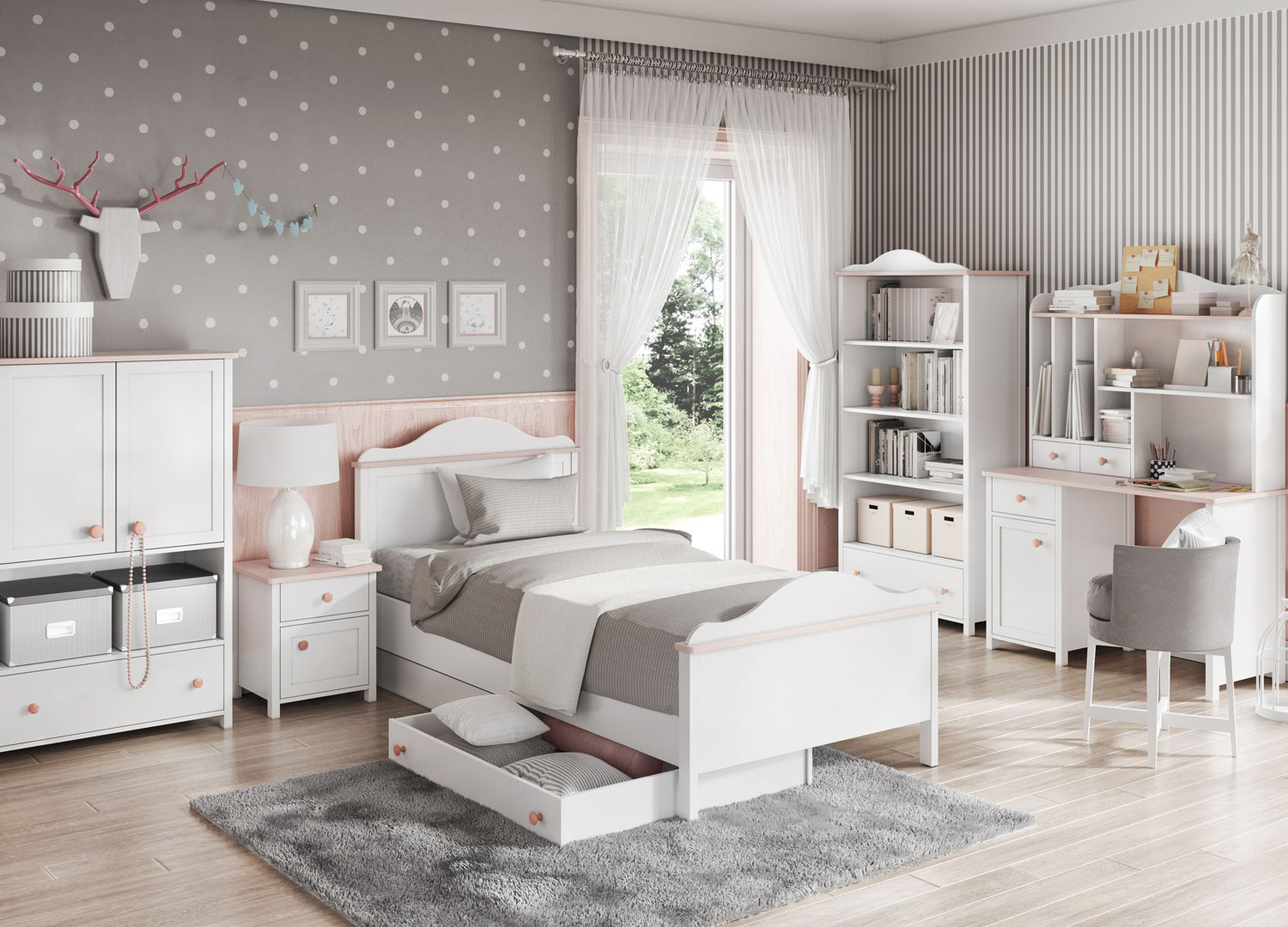 Meuble de Rangement Chambre Enfant Blanche avec 6 Paniers Rose et Gris