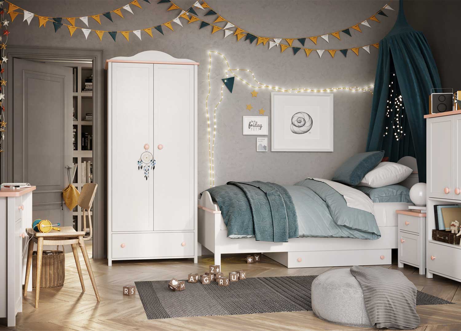 Meuble de rangement chambre enfant blanche avec 6 paniers rose et