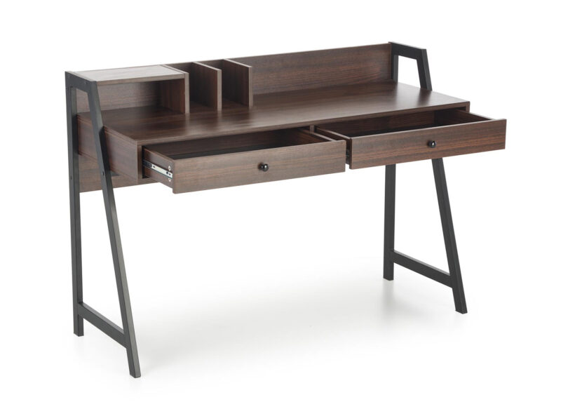 bureau design pas cher aspect noyer fonce et pieds triangles en metal noir