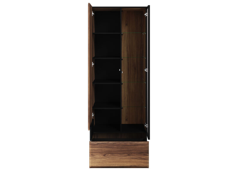 armoire vitrine 197 cm avec 10 compartiments de rangement aspect chene catane