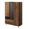 armoire vitrine 140 cm avec porte et etagere en verre imitation chene fonce et metal noir