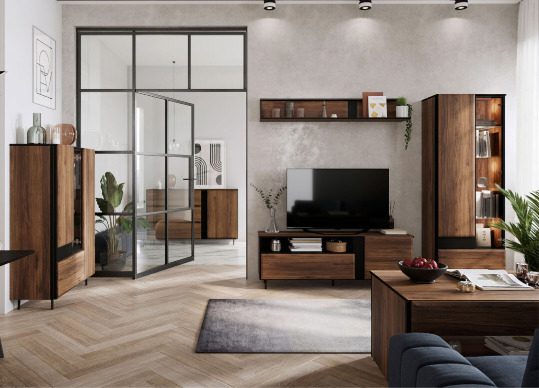 meuble vitree 2 porte en bois fonce et pieds en metal noir