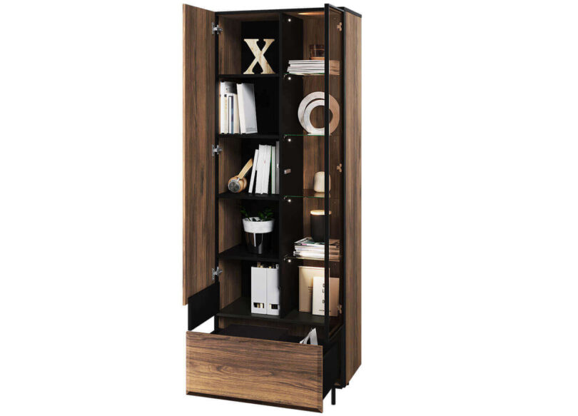meuble vitrine haute avec 10 compartiments et 1 tiroirs structure aspect bois fonce