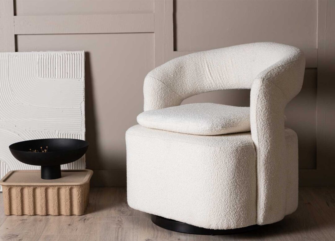 Fauteuil rotatif en tissu bouclé blanc design