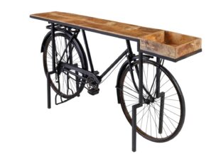 Vélo en métal noir avec table de bar en bois de manguier massif sur le dessus