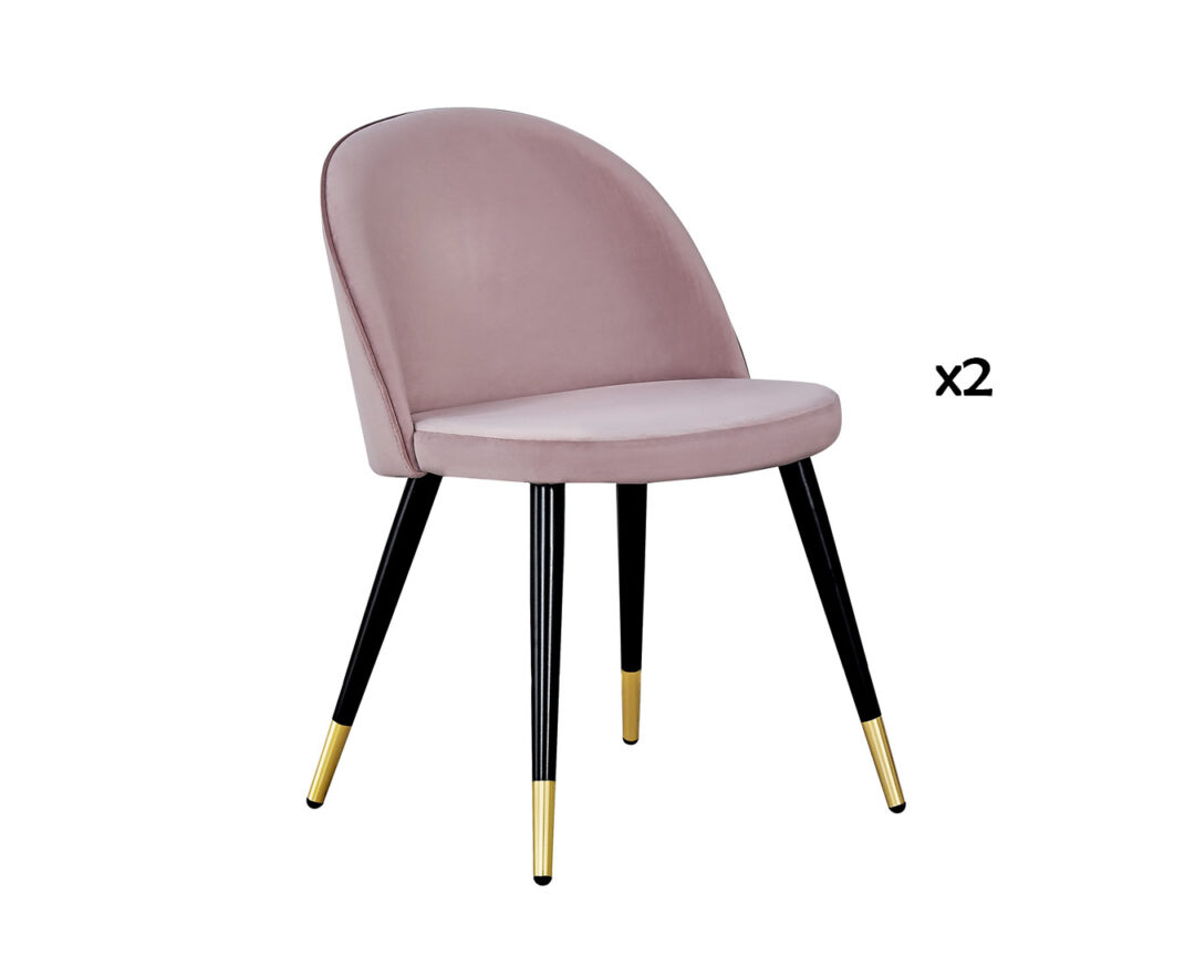 lot de 2 chaises de table de repas rose vieilli avec pieds en metal noir et bout dore