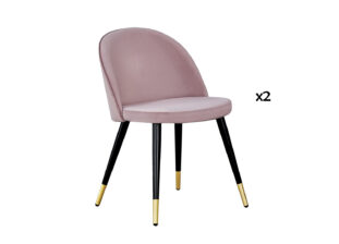 lot de 2 chaises de table de repas rose vieilli avec pieds en metal noir et bout dore