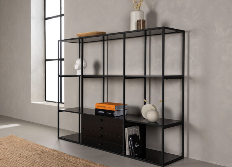 meuble etagere moderne en metal noir 150 cm avec 4 tiroirs
