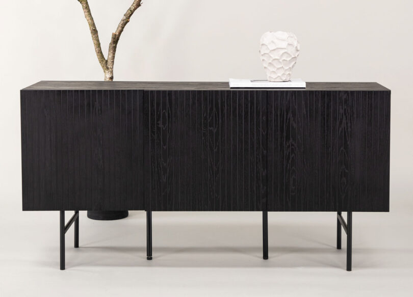 buffet moderne noir et metal 3 portes et 3 etageres 150 cm