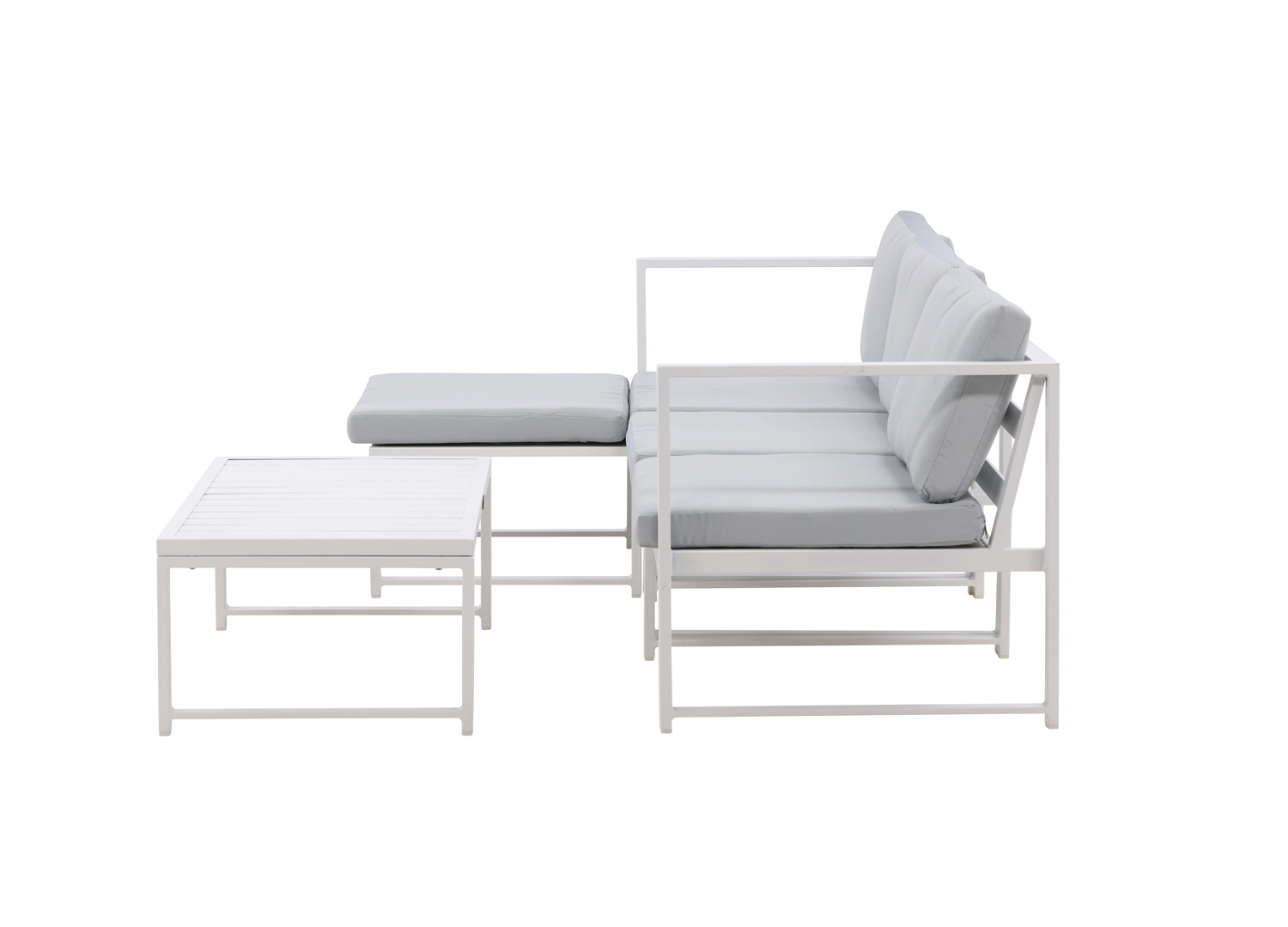 mobilier de jardin detente en aluminium blanc et coussin gris