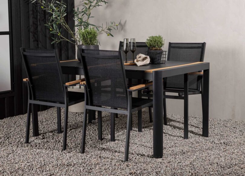 table de jardin moderne 150 cm 6 places en metal noir et teck