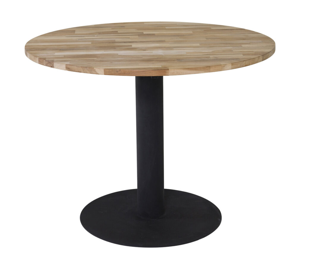 table de salle a manger en teck ronde 140 cm et pieds metal noir style industriel