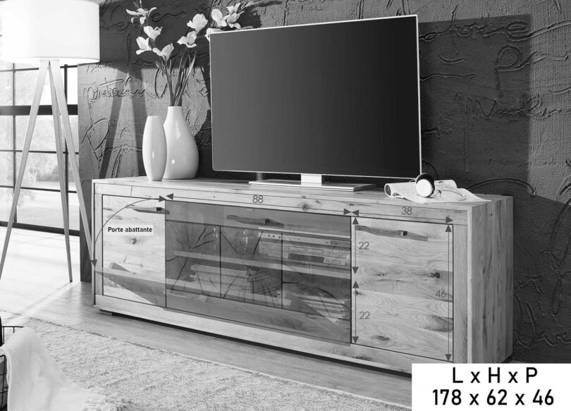 Dimensions du meuble télé 3 portes en bois massif