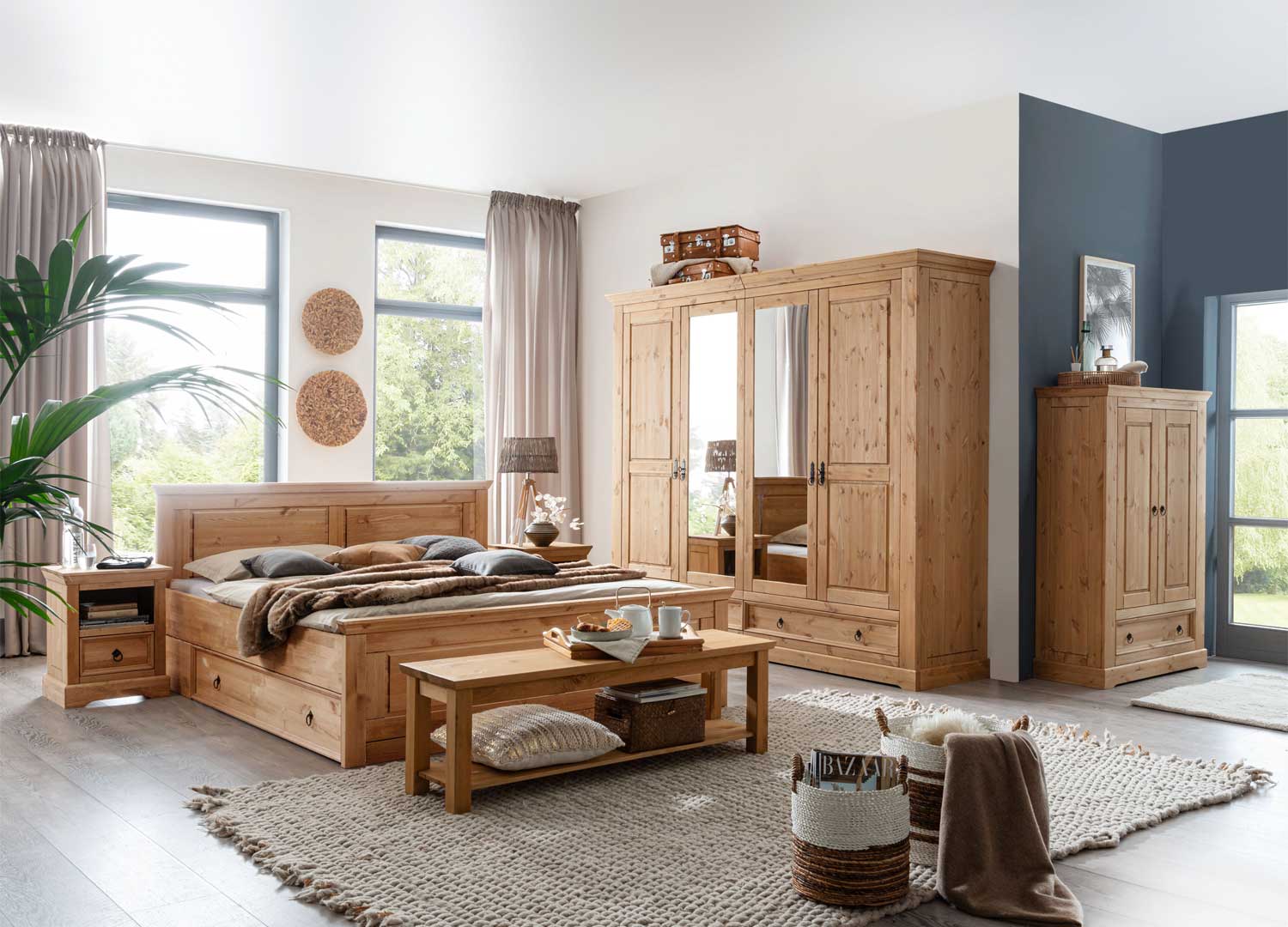 Meubles de chambre adulte complet en bois de pin rustique