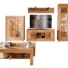 Ensemble de meubles de salon en bois massif de hêtre huilé composé d'un meuble TV, une table basse, un meuble de rangement vitré, d'une vitrine haute et d'une étagère en bois